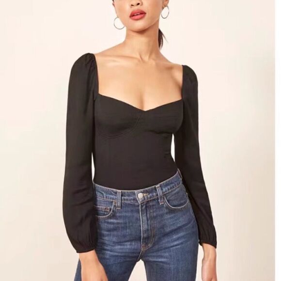 Reformation Reign Black Crop Top Blouse Size 2 - Picture 5 of 10